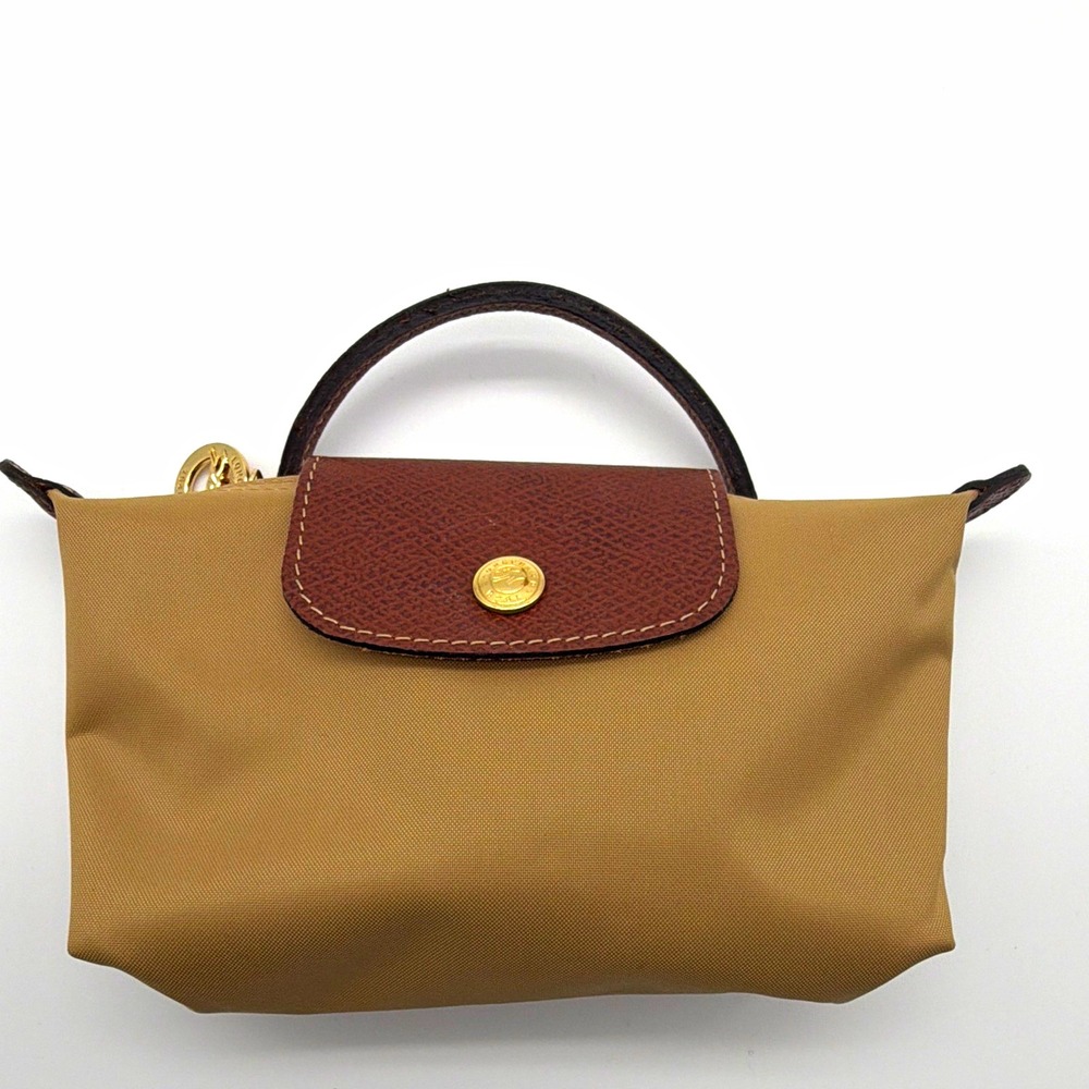 Longchamp Le Pliage Beige Brown Nylon Leather Makeup Bag Pouch Zipper Handle